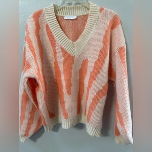 Ces Femme Peach & Cream Oversized V-Neck Knit Sweater Size Small